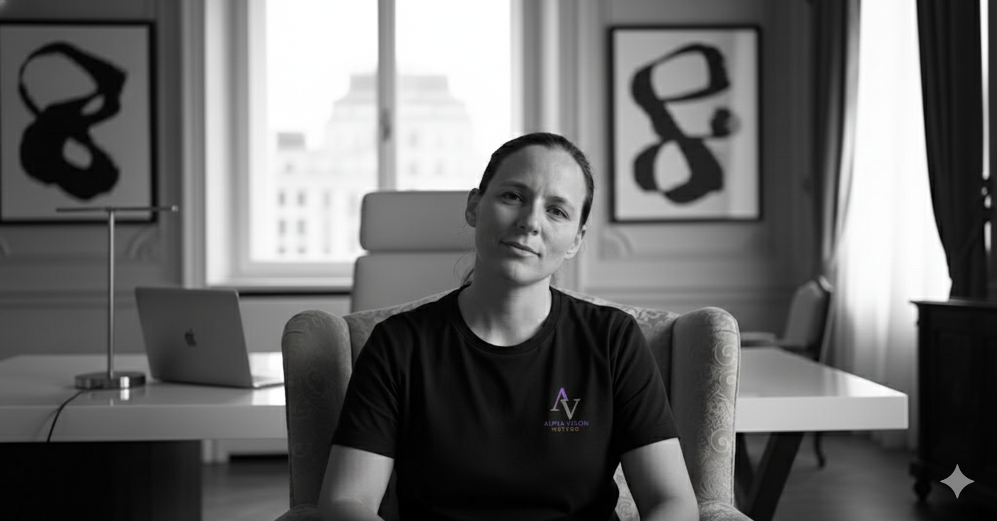 Daniela Wild seated in an office wearing an Alpha Vision Method shirt