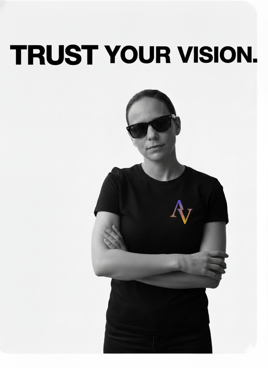 Daniela Wild in an Alpha Vision Method portrait with the words Trust Your Vision