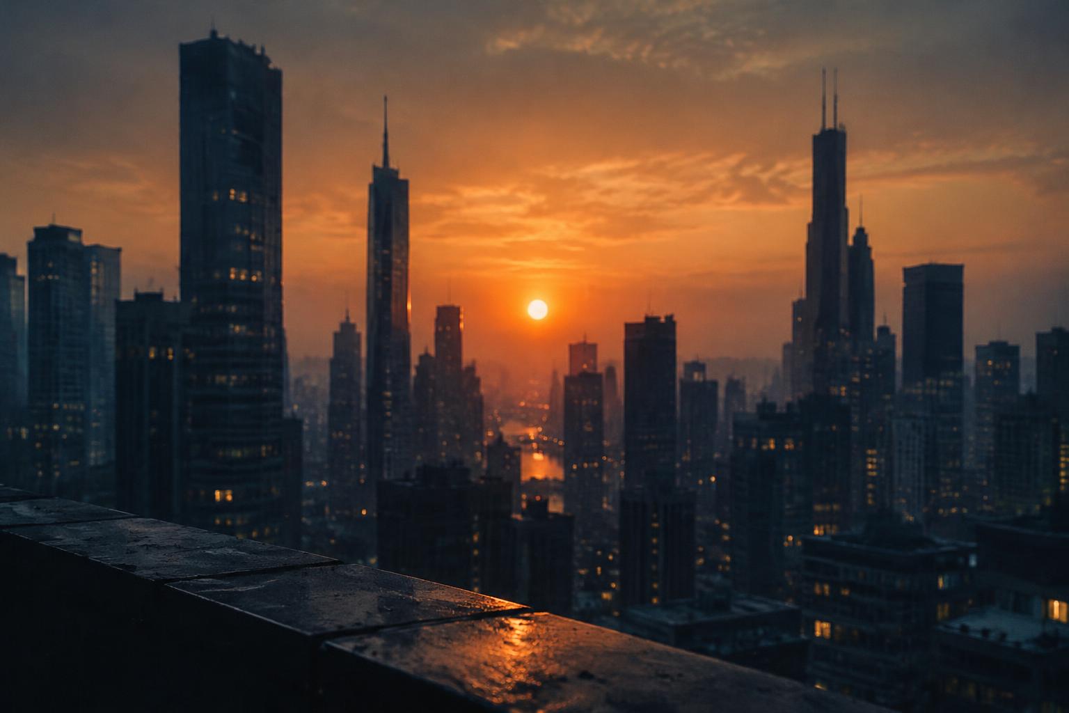 City skyline at sunset from a rooftop